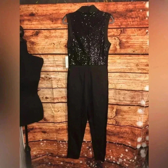 All Black Sequin sleeveless Tuxedo Jumpsuit size Large - Picture 13 of 16